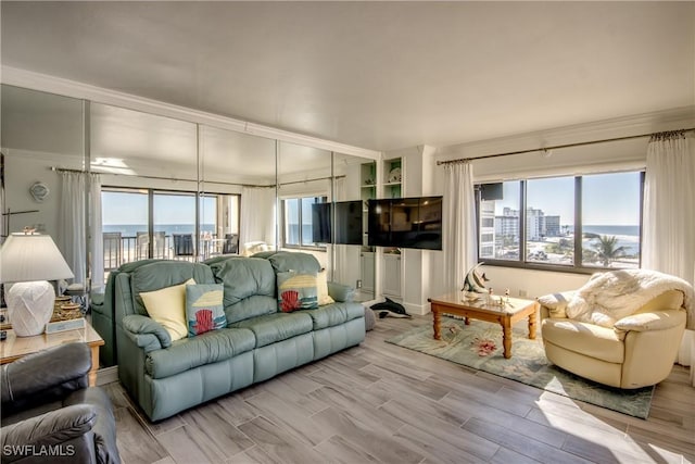 living room featuring ornamental molding, a healthy amount of sunlight, and light wood-type flooring