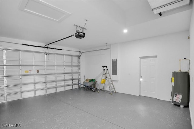 garage featuring electric panel, a garage door opener, and water heater