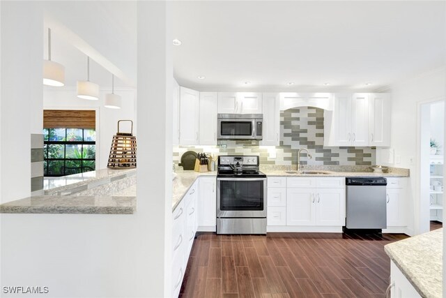 kitchen featuring tasteful backsplash, white cabinets, dark wood-style flooring, stainless steel appliances, and a sink