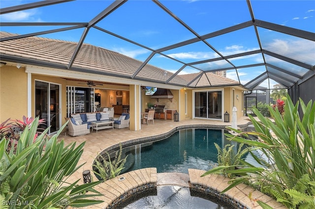 view of pool with a patio area, a lanai, an outdoor hangout area, and area for grilling