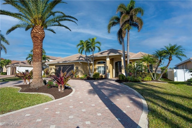 view of front of property featuring a garage and a front yard