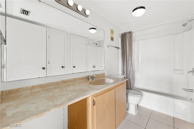 full bathroom with vanity, tile patterned flooring, shower / bathtub combination with curtain, and toilet