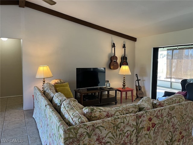 living room with lofted ceiling with beams