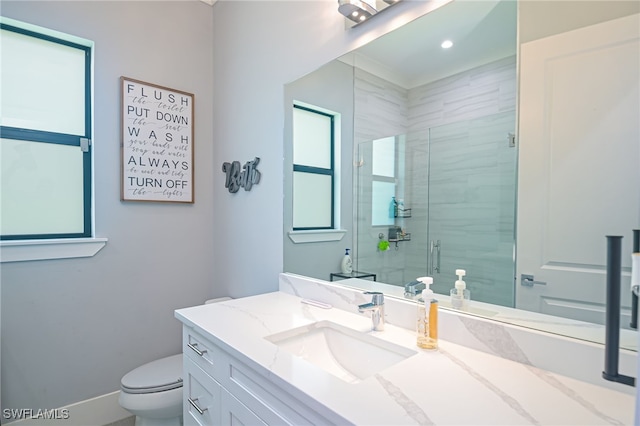 bathroom featuring vanity, toilet, and walk in shower