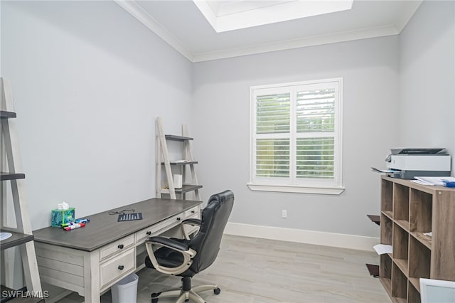 home office featuring light wood-type flooring and ornamental molding