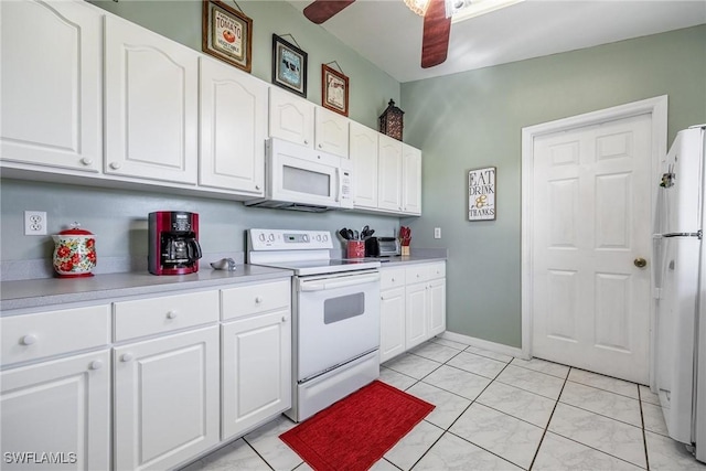 kitchen with ceiling fan, white cabinetry, white appliances, and light tile patterned floors