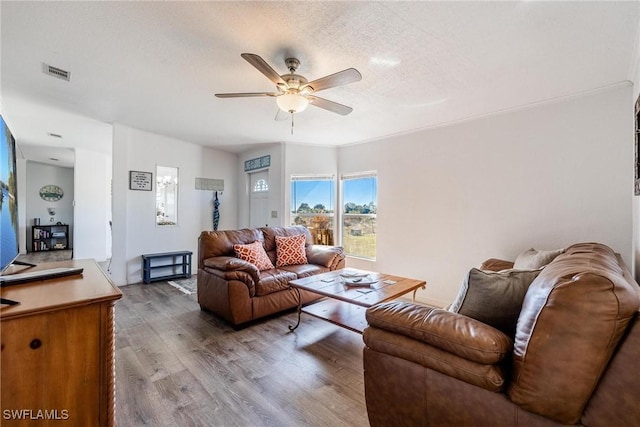 living room with ceiling fan, light hardwood / wood-style floors, and a textured ceiling