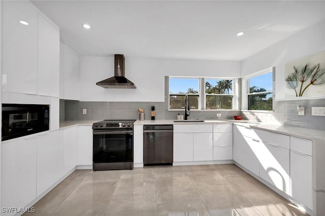 kitchen featuring white cabinetry, sink, wall chimney range hood, and stainless steel appliances