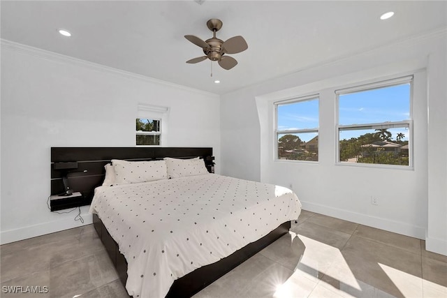 bedroom with tile patterned floors, ceiling fan, and crown molding