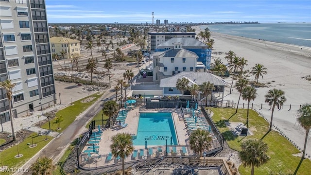 birds eye view of property featuring a water view