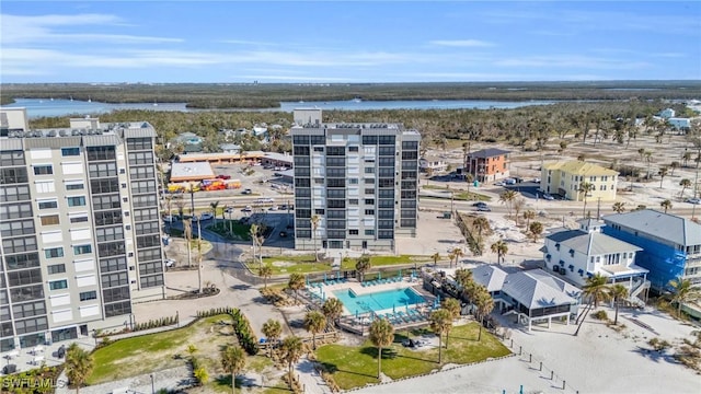 aerial view featuring a water view