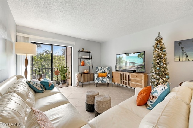 tiled living room with a textured ceiling