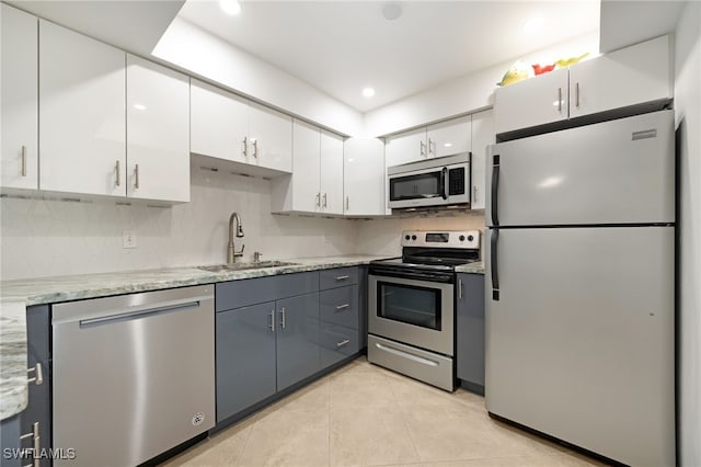 kitchen featuring light stone countertops, appliances with stainless steel finishes, backsplash, sink, and white cabinets