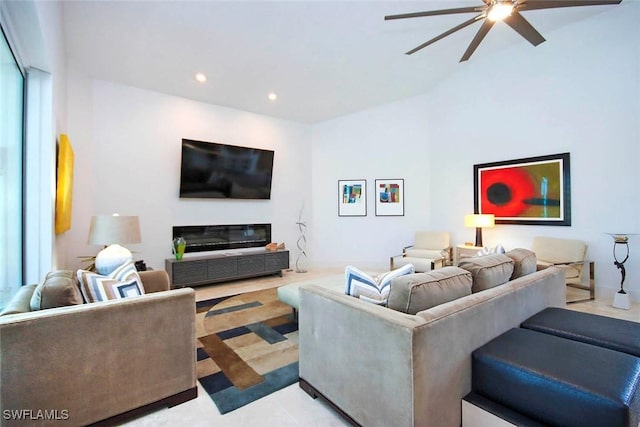 living room featuring ceiling fan