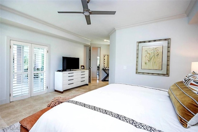 bedroom with ceiling fan, access to exterior, and ornamental molding