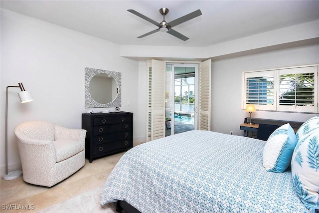 tiled bedroom featuring access to exterior and ceiling fan