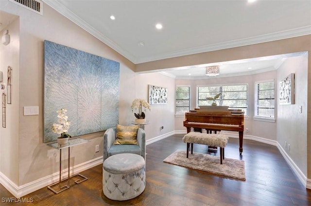 sitting room featuring dark hardwood / wood-style flooring and ornamental molding