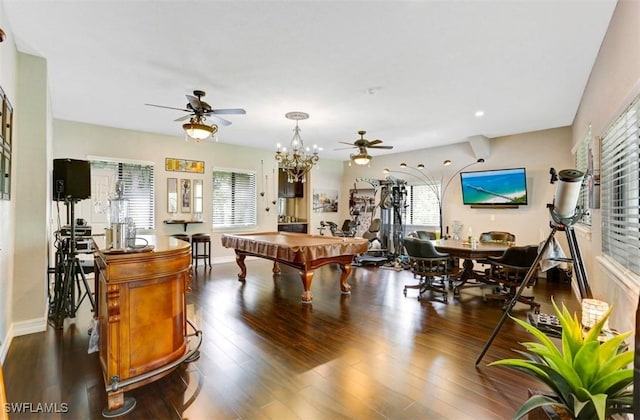 game room with wood-type flooring, ceiling fan with notable chandelier, and billiards