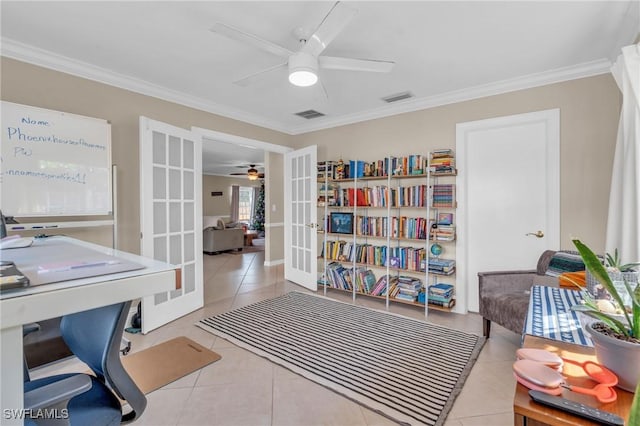 tiled office space with ornamental molding, french doors, visible vents, and a ceiling fan