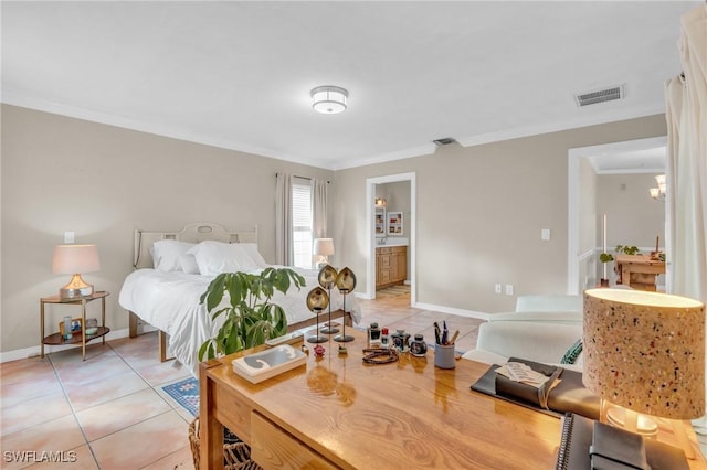 bedroom featuring light tile patterned floors, baseboards, visible vents, and crown molding