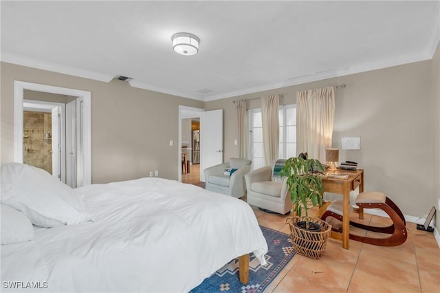 bedroom with ornamental molding, visible vents, and light tile patterned floors