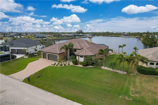 bird's eye view with a water view