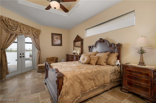 bedroom featuring access to exterior, french doors, a raised ceiling, ceiling fan, and crown molding