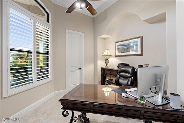 office with crown molding and ceiling fan