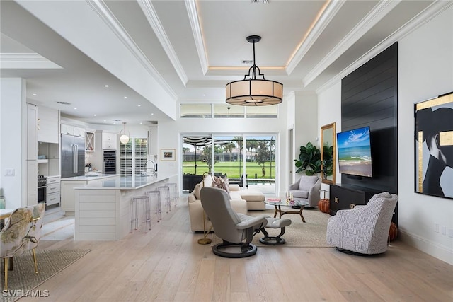 living room featuring sink, light wood-type flooring, crown molding, and a tray ceiling