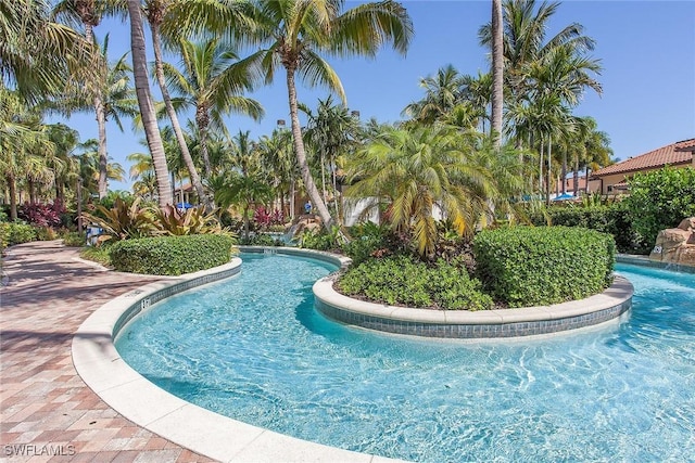 view of swimming pool with pool water feature