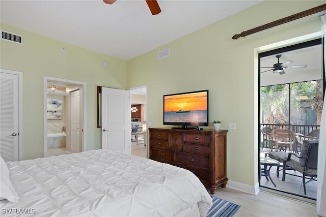 bedroom with access to outside, ensuite bathroom, light hardwood / wood-style flooring, and ceiling fan