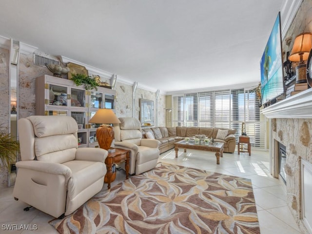 tiled living room featuring a fireplace and ornamental molding