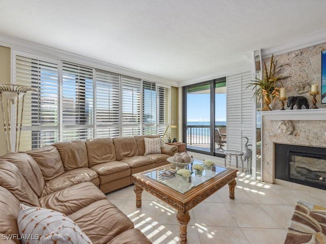 tiled living room with a high end fireplace