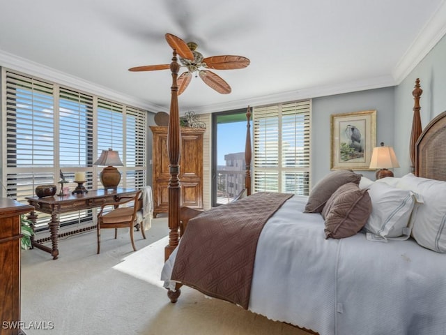 bedroom featuring access to exterior, ceiling fan, crown molding, and light carpet