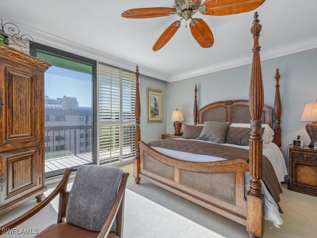 bedroom with access to outside, ceiling fan, crown molding, and light carpet