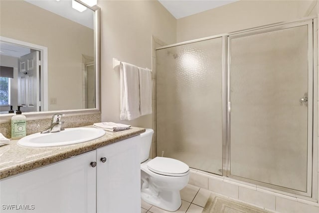 bathroom featuring tile patterned floors, vanity, toilet, and a shower with door