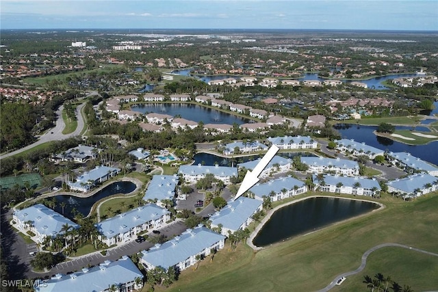 drone / aerial view featuring a water view