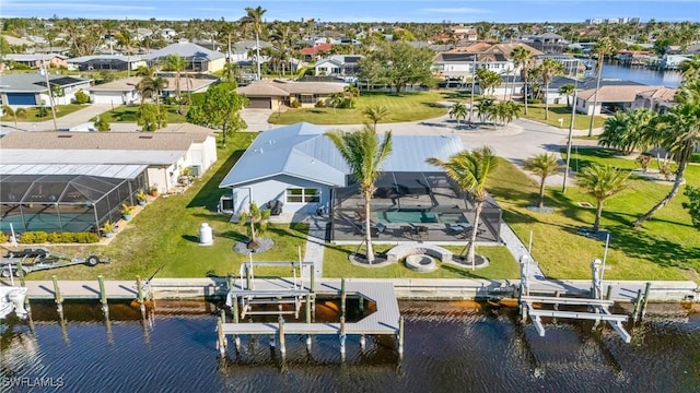 aerial view featuring a water view