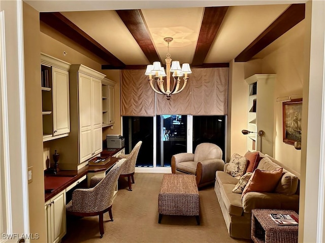 office featuring carpet flooring, beamed ceiling, and a chandelier