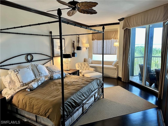 bedroom featuring access to outside, ceiling fan, dark hardwood / wood-style flooring, and ornamental molding