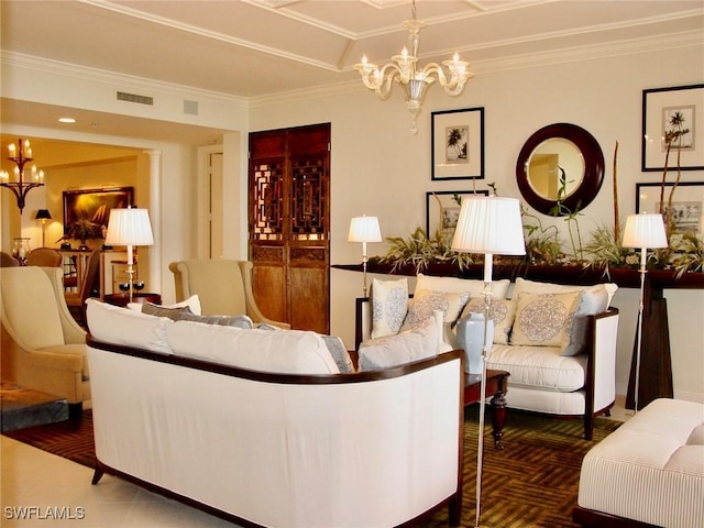 living room with parquet flooring, ornamental molding, and a chandelier