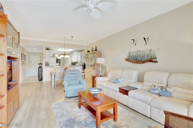 living room with ceiling fan with notable chandelier, light wood-type flooring, and crown molding