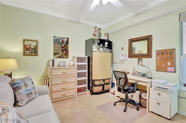 office area featuring light colored carpet, ceiling fan, and crown molding