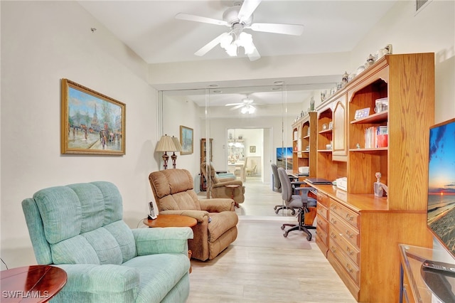 office area featuring ceiling fan and light hardwood / wood-style flooring