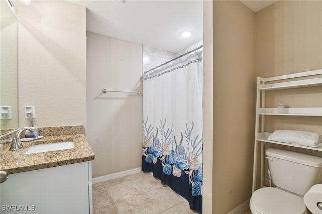 bathroom with tile patterned floors, vanity, toilet, and a shower with shower curtain