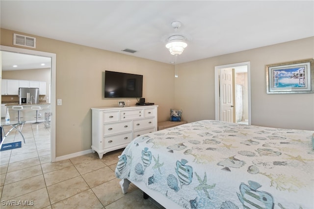 bedroom featuring stainless steel fridge with ice dispenser, light tile patterned floors, ceiling fan, and lofted ceiling