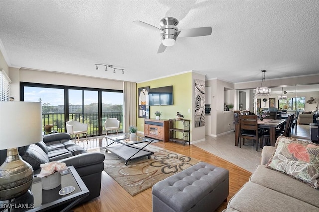 living room featuring ceiling fan with notable chandelier, hardwood / wood-style floors, and a textured ceiling