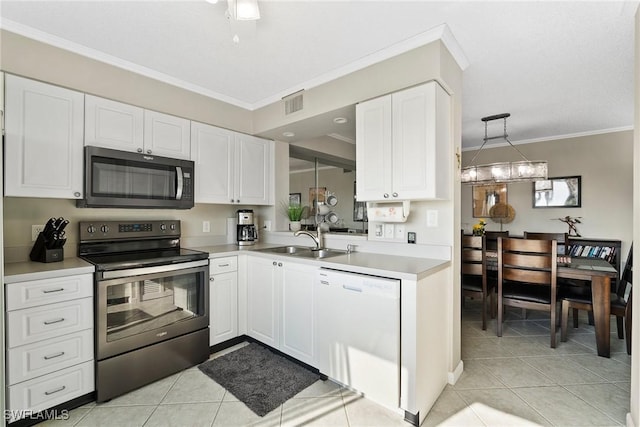 kitchen with electric range, dishwasher, white cabinets, and sink