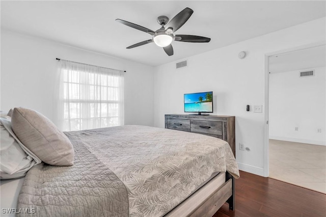 bedroom featuring ceiling fan and dark wood-type flooring