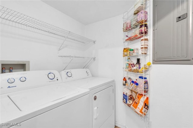 laundry area with washing machine and dryer and electric panel